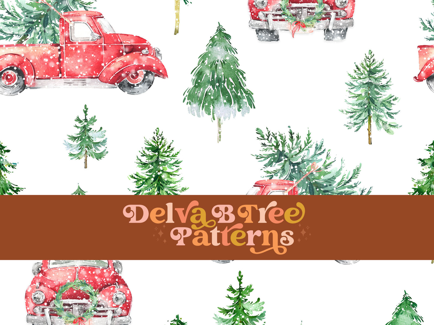 Watercolor vintage style Christmas Tree Truck seamless pattern digital file for small shops that make handmade products in small batches.