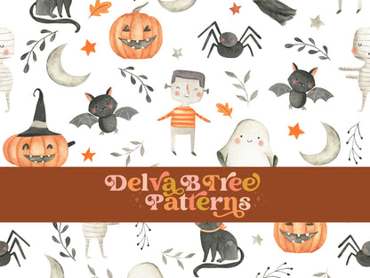 Watercolor cute kids Halloween seamless pattern digital file for small shops that make handmade products in small batches.