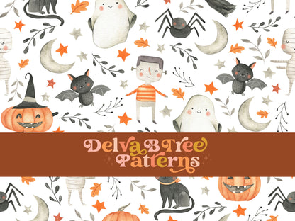 Watercolor cute kids Halloween seamless pattern digital file for small shops that make handmade products in small batches.