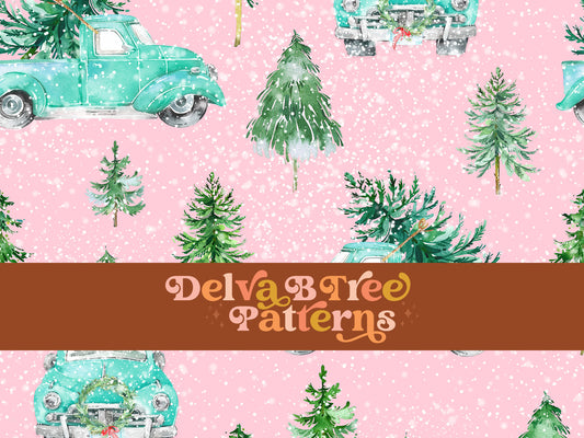 Watercolor 1950's vintage style Christmas Tree Truck seamless pattern digital file for small shops that make handmade products in small batches.