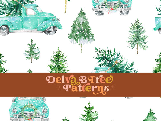 Watercolor vintage style Christmas Tree Truck seamless pattern digital file for small shops that make handmade products in small batches.