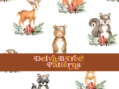 Watercolor Christmas Animals including a bear, deer, fox, squirrel, bunny rabbit, raccoon, owl and hedgehog with boho flower crowns on winter botanical leaves seamless pattern digital file for small shops that make handmade products in small batches.