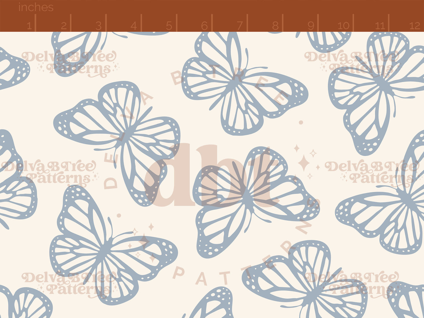 Cadet blue and off white butterflies seamless pattern scale digital file for small shops that make handmade products in small batches.