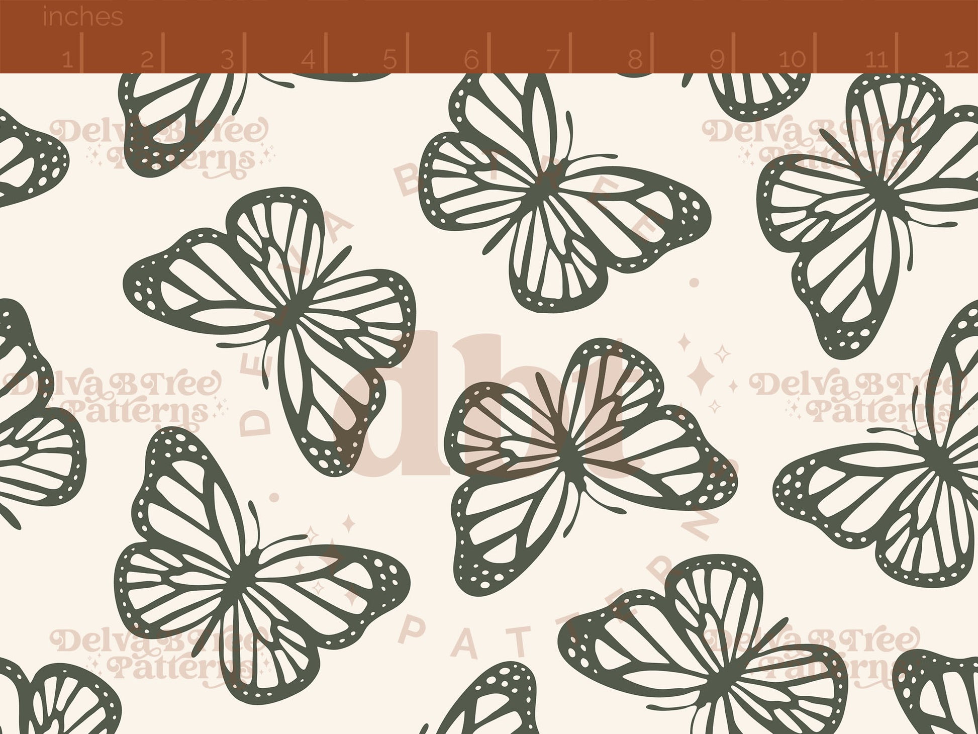 Dark thyme green and off white butterflies seamless pattern scale digital file for small shops that make handmade products in small batches.