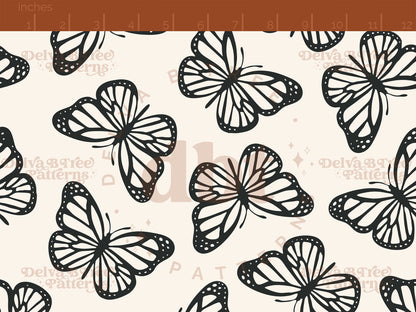 Charcoal black and off white butterflies seamless pattern scale digital file for small shops that make handmade products in small batches.