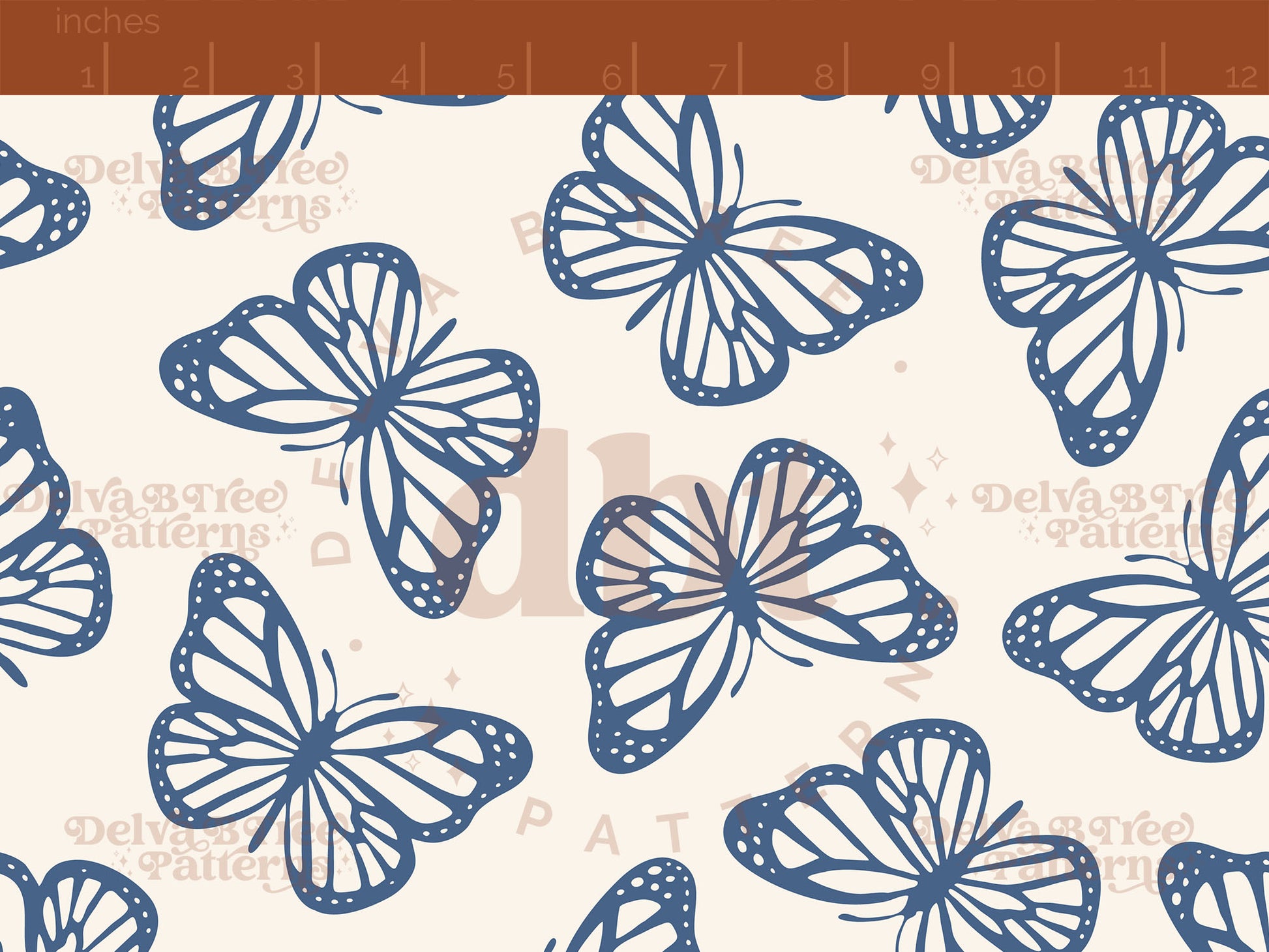 Federal blue and off white butterflies seamless pattern scale digital file for small shops that make handmade products in small batches.