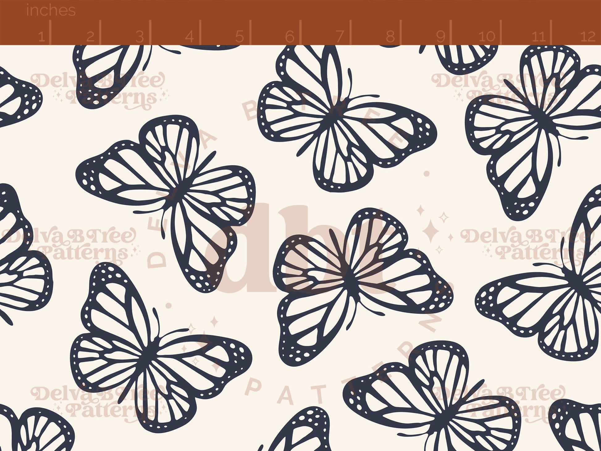 Mood indigo navy blue and off white butterflies seamless pattern scale digital file for small shops that make handmade products in small batches.