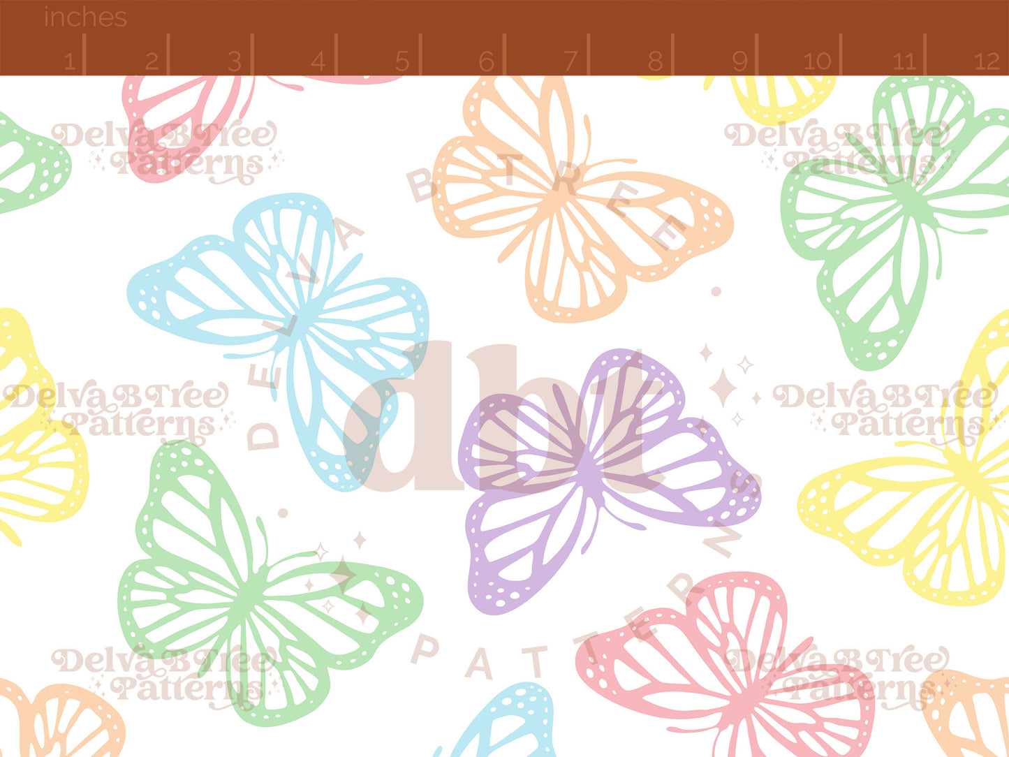 Faded pastel rainbow and white butterflies seamless pattern scale digital file for small shops that make handmade products in small batches.