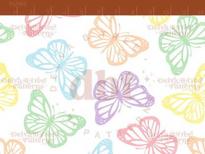 Faded pastel rainbow and white butterflies seamless pattern scale digital file for small shops that make handmade products in small batches.