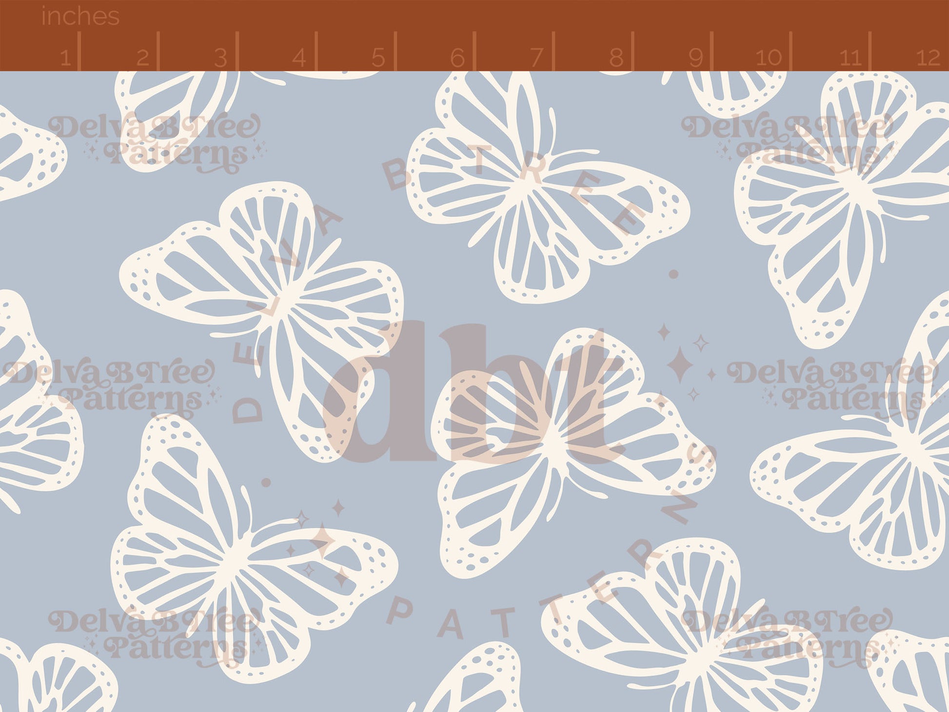 Pastel blue and off white butterflies seamless pattern scale digital file for small shops that make handmade products in small batches.