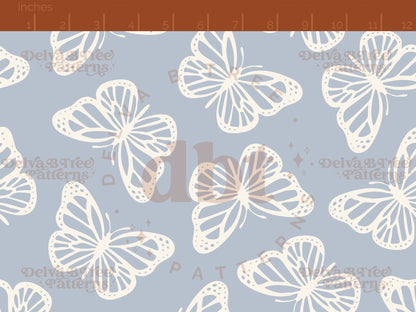 Pastel blue and off white butterflies seamless pattern scale digital file for small shops that make handmade products in small batches.