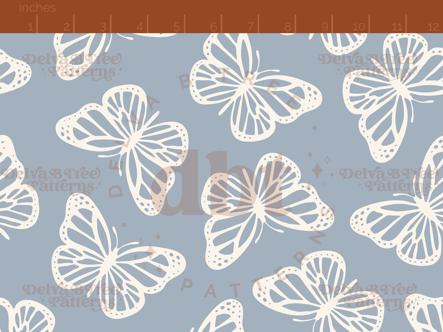 Cadet blue and off white butterflies seamless pattern scale digital file for small shops that make handmade products in small batches.