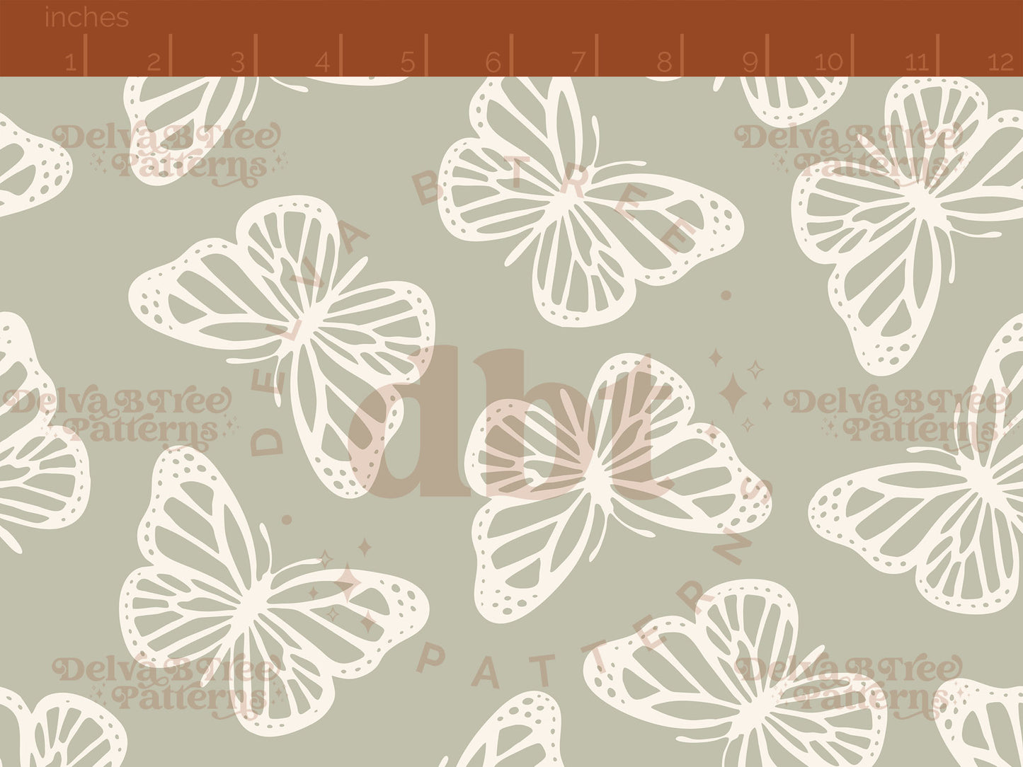 Sage green and off white butterflies seamless pattern scale digital file for small shops that make handmade products in small batches.