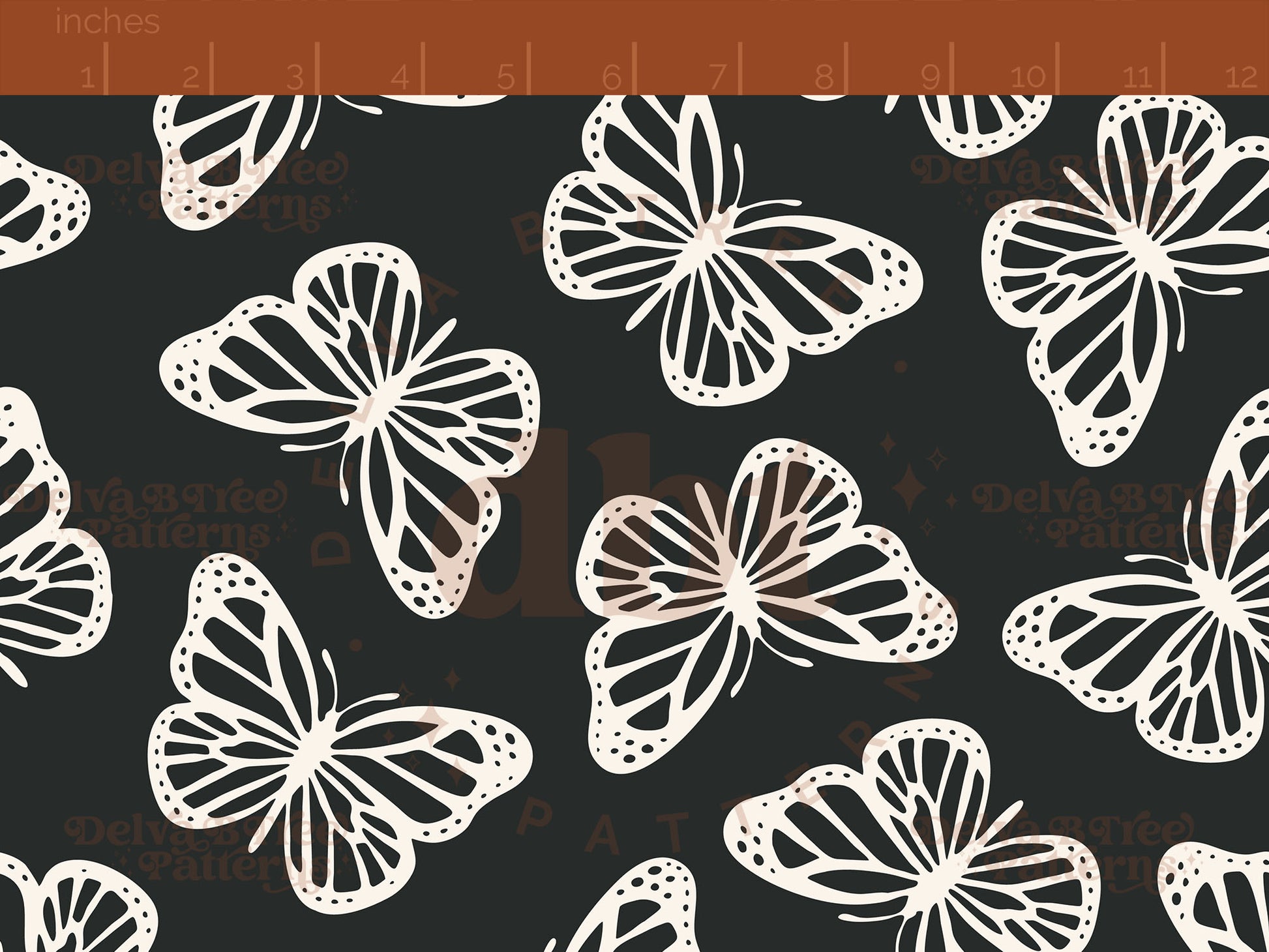 Charcoal black and off white butterflies seamless pattern scale digital file for small shops that make handmade products in small batches.