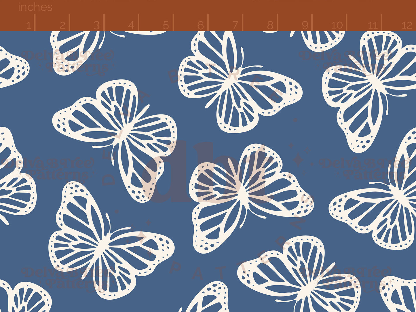 Federal blue and off white butterflies seamless pattern scale digital file for small shops that make handmade products in small batches.