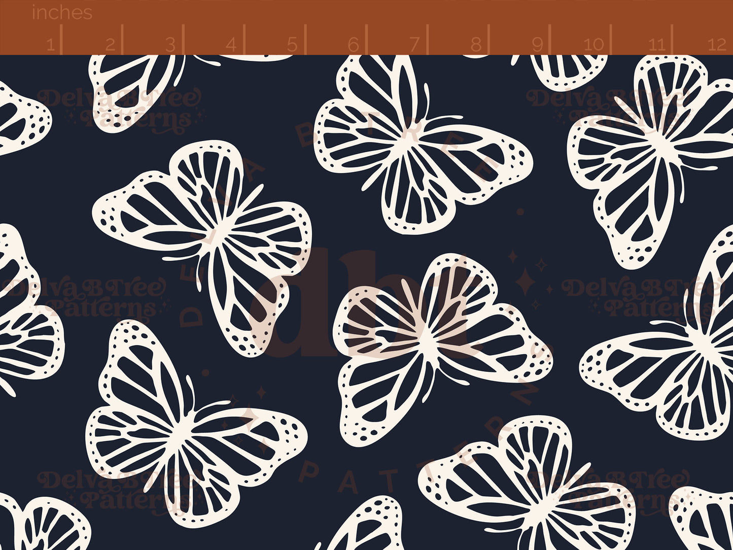 Oxford navy blue and off white butterflies seamless pattern scale digital file for small shops that make handmade products in small batches.