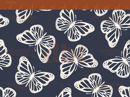 Mood indigo navy blue and off white butterflies seamless pattern scale digital file for small shops that make handmade products in small batches.