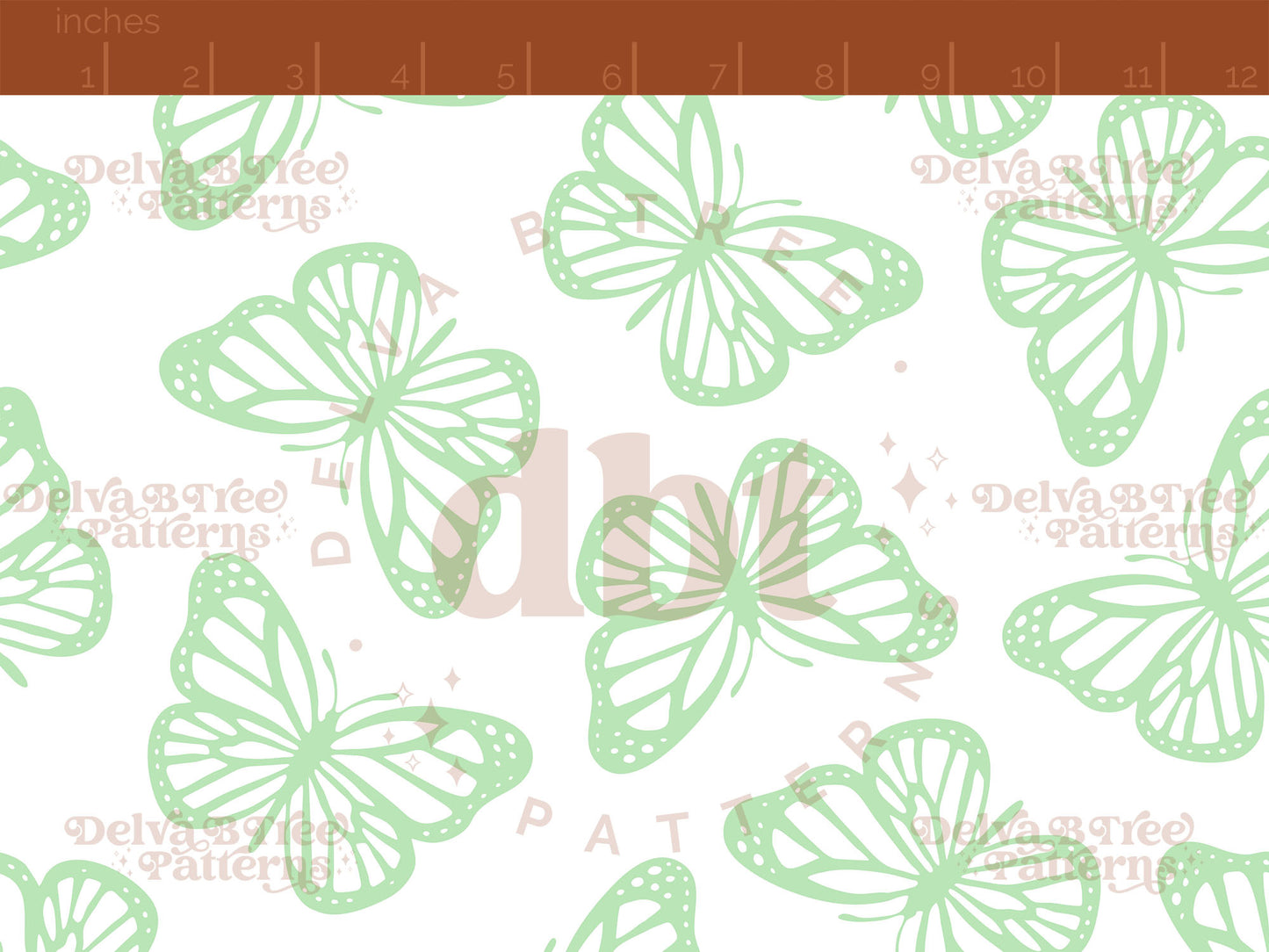 Faded pastel green and white butterflies seamless pattern scale digital file for small shops that make handmade products in small batches.