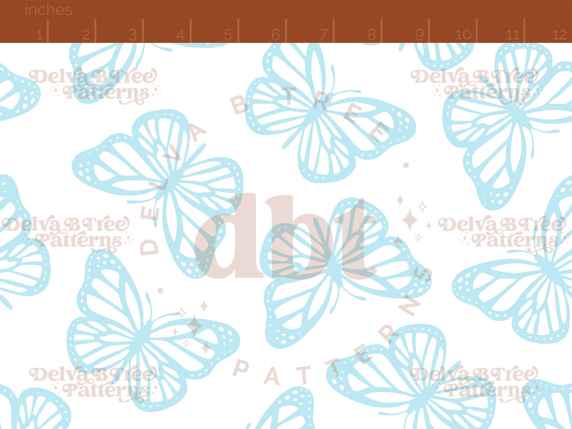 Faded pastel blue and white butterflies seamless pattern scale digital file for small shops that make handmade products in small batches.