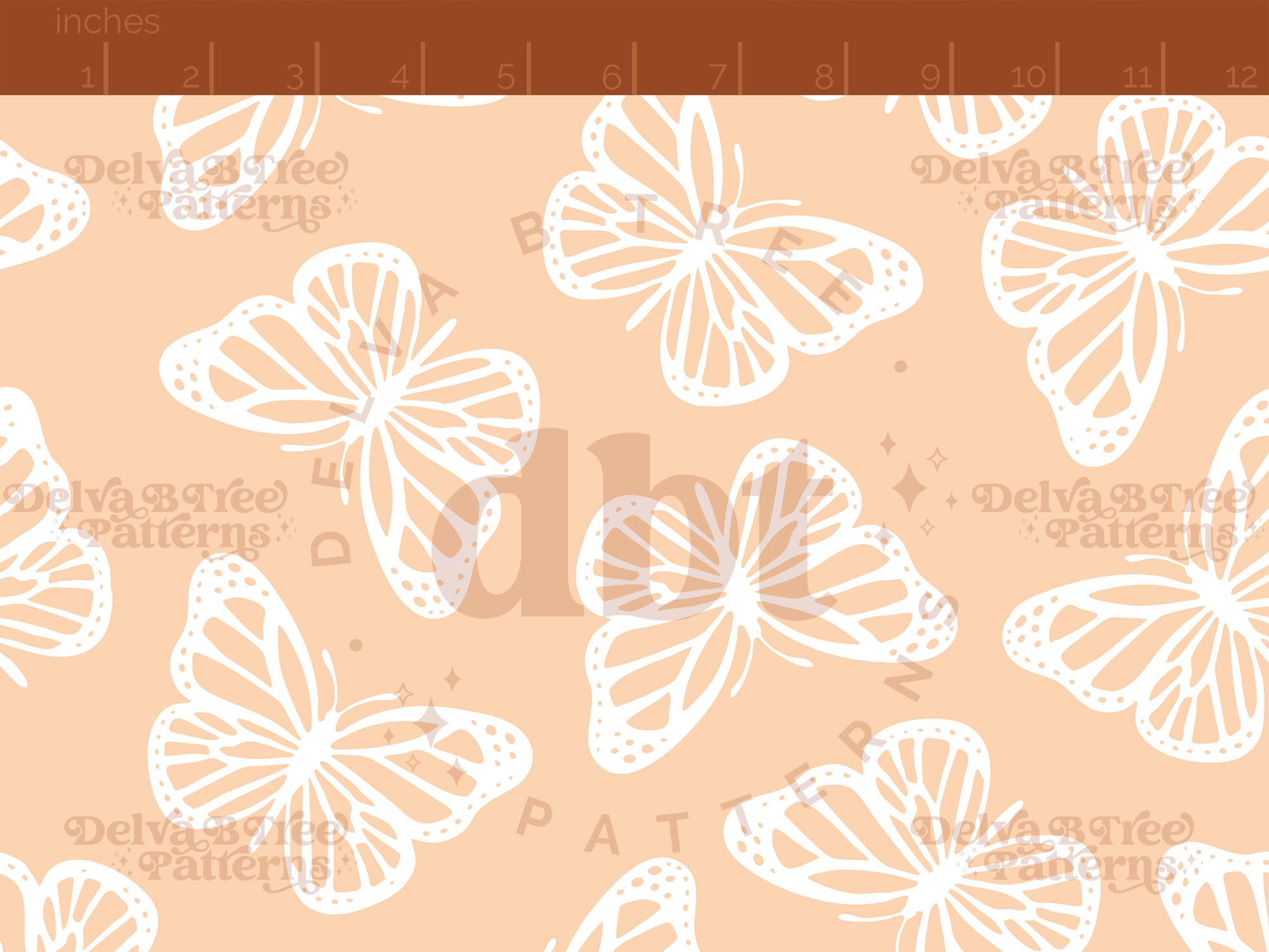 Faded pastel orange and white butterflies seamless pattern scale digital file for small shops that make handmade products in small batches.