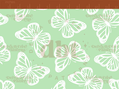 Faded pastel green and white butterflies seamless pattern scale digital file for small shops that make handmade products in small batches.