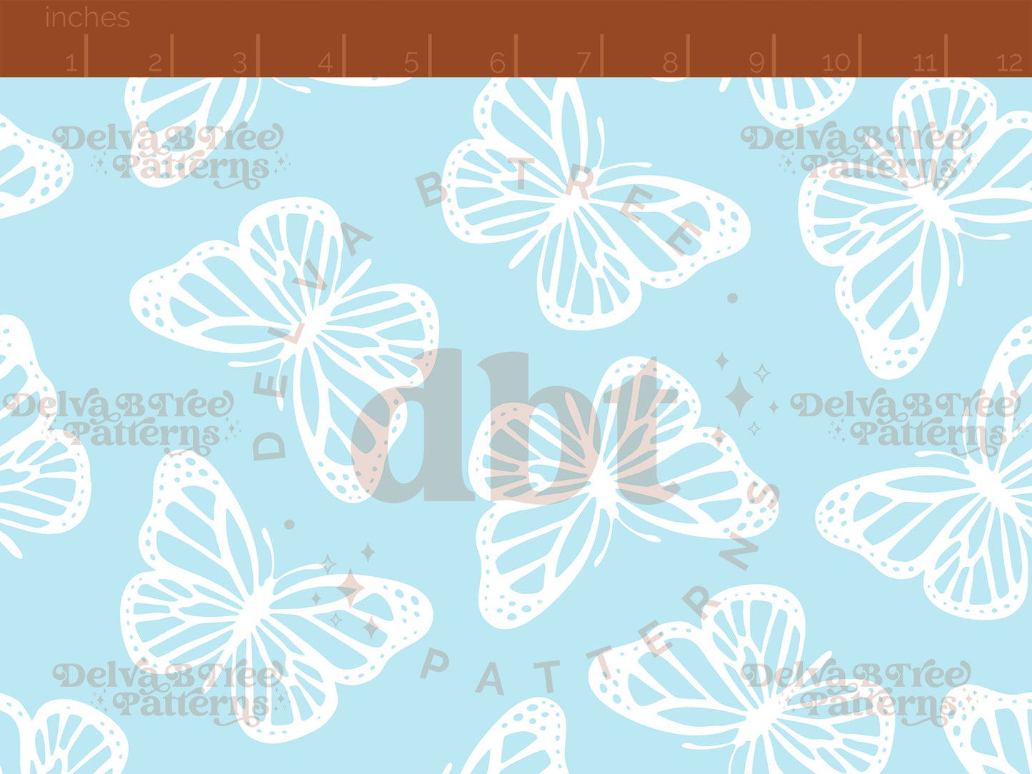 Faded pastel blue and white butterflies seamless pattern scale digital file for small shops that make handmade products in small batches.