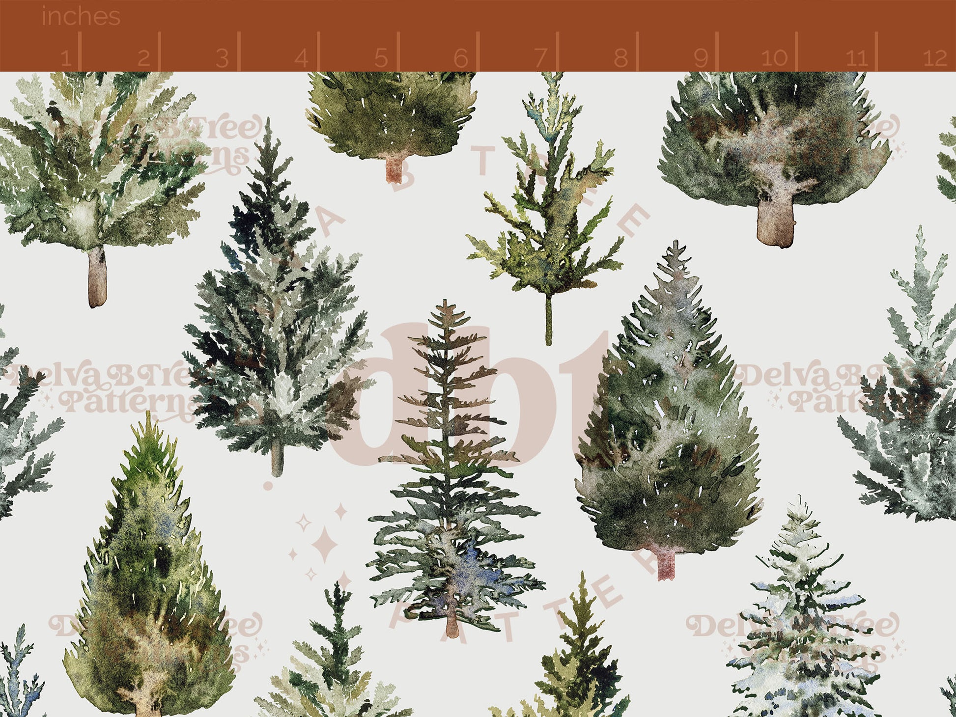 Watercolor Christmas Tree Farm seamless pattern digital file for small shops that make handmade products in small batches.