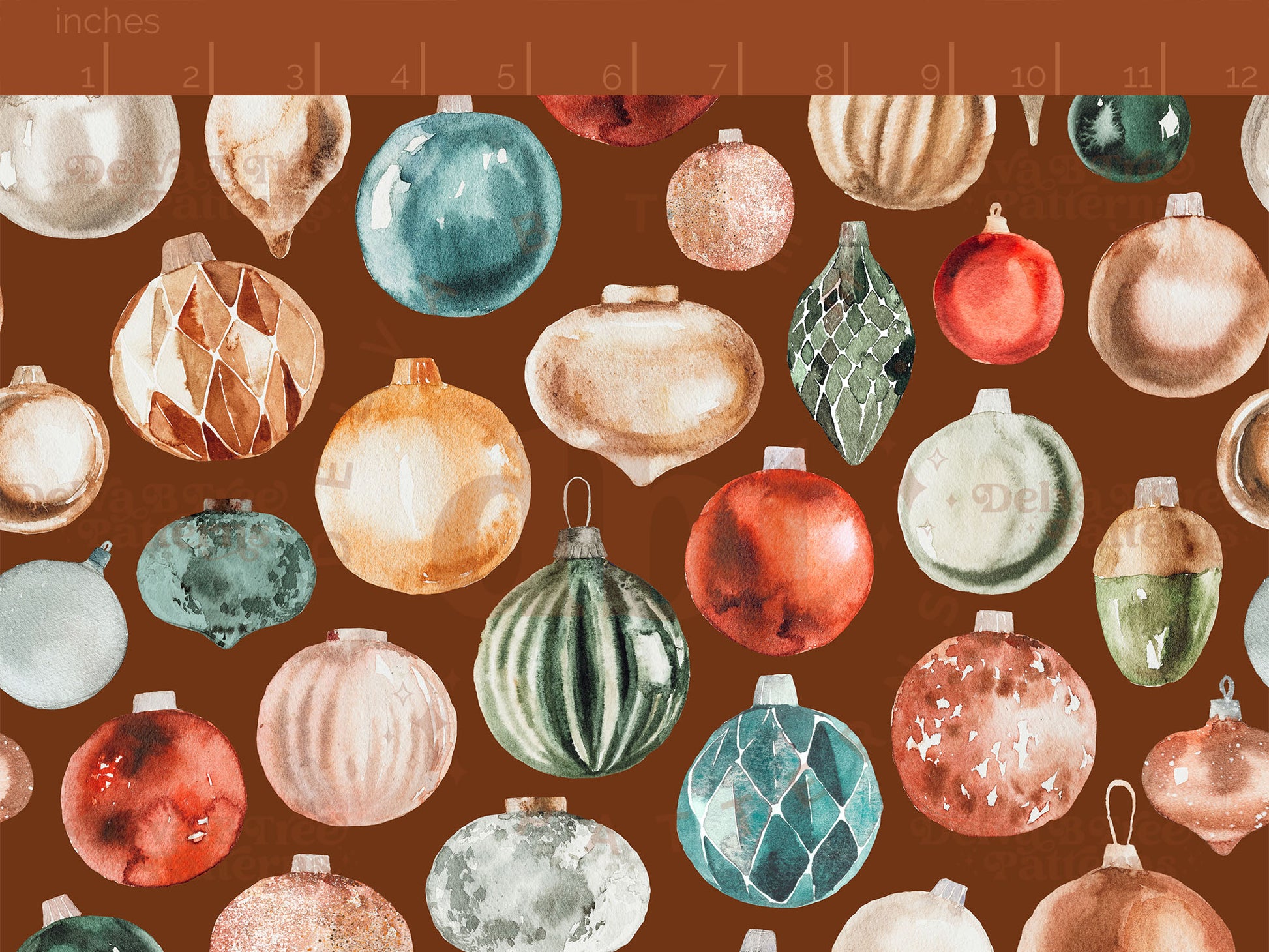 Watercolor vintage style bauble Christmas Tree Ornaments seamless pattern digital file for small shops that make handmade products in small batches.