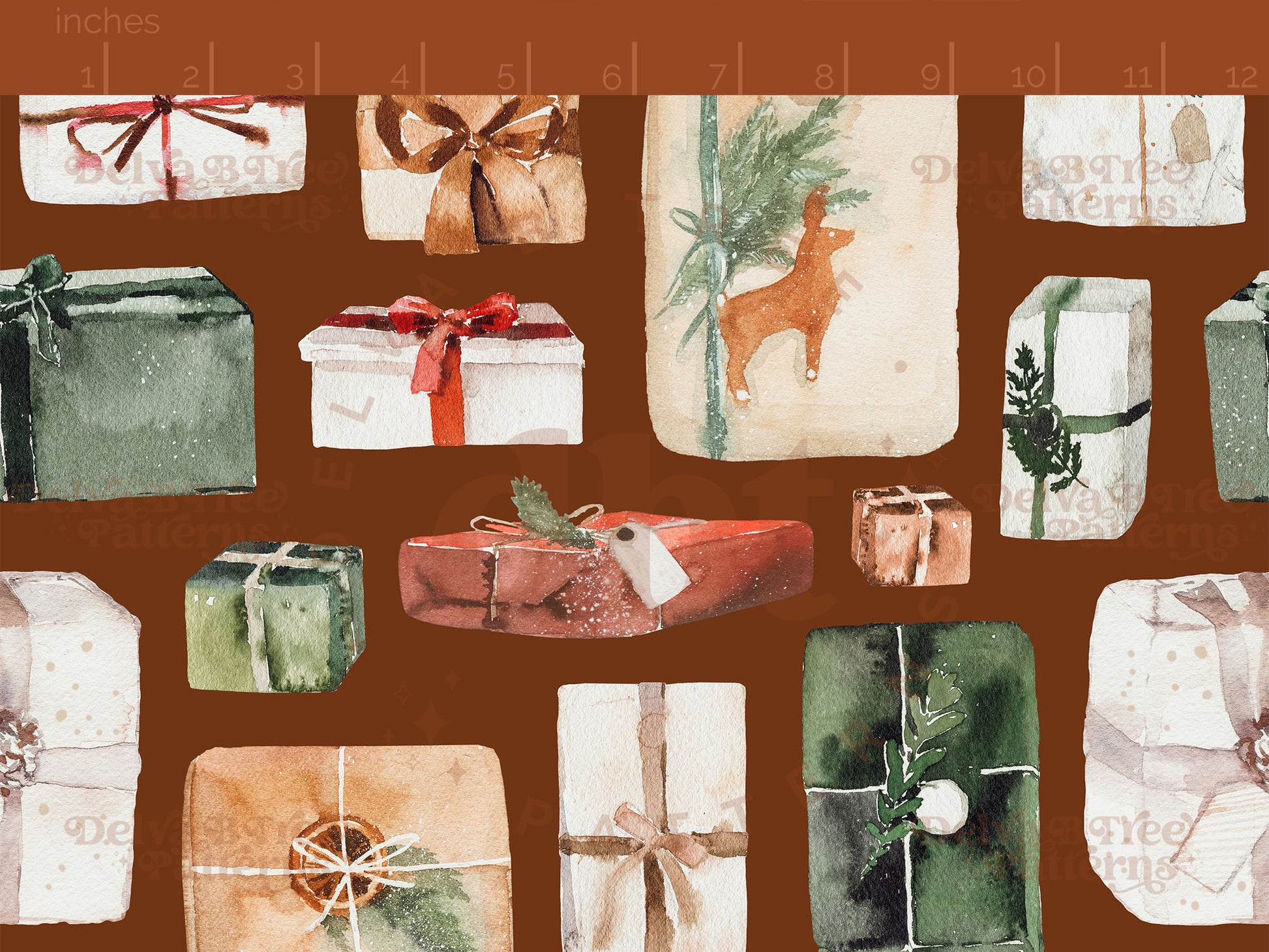 Watercolor Christmas Presents, Holiday Packages and Ribbon Bows seamless pattern digital file for small shops that make handmade products in small batches.