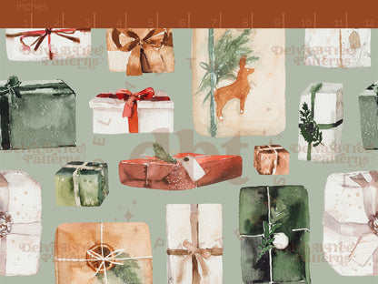 Watercolor Christmas Presents, Holiday Packages and Ribbon Bows seamless pattern digital file for small shops that make handmade products in small batches.