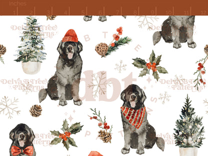 Watercolor Newfoundland Christmas Dogs seamless pattern digital file for small shops that make handmade products in small batches.