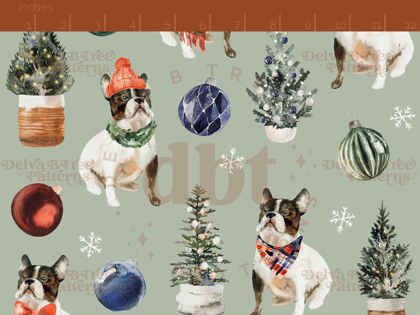 Watercolor French Bulldogs Christmas Dogs seamless pattern digital file for small shops that make handmade products in small batches.