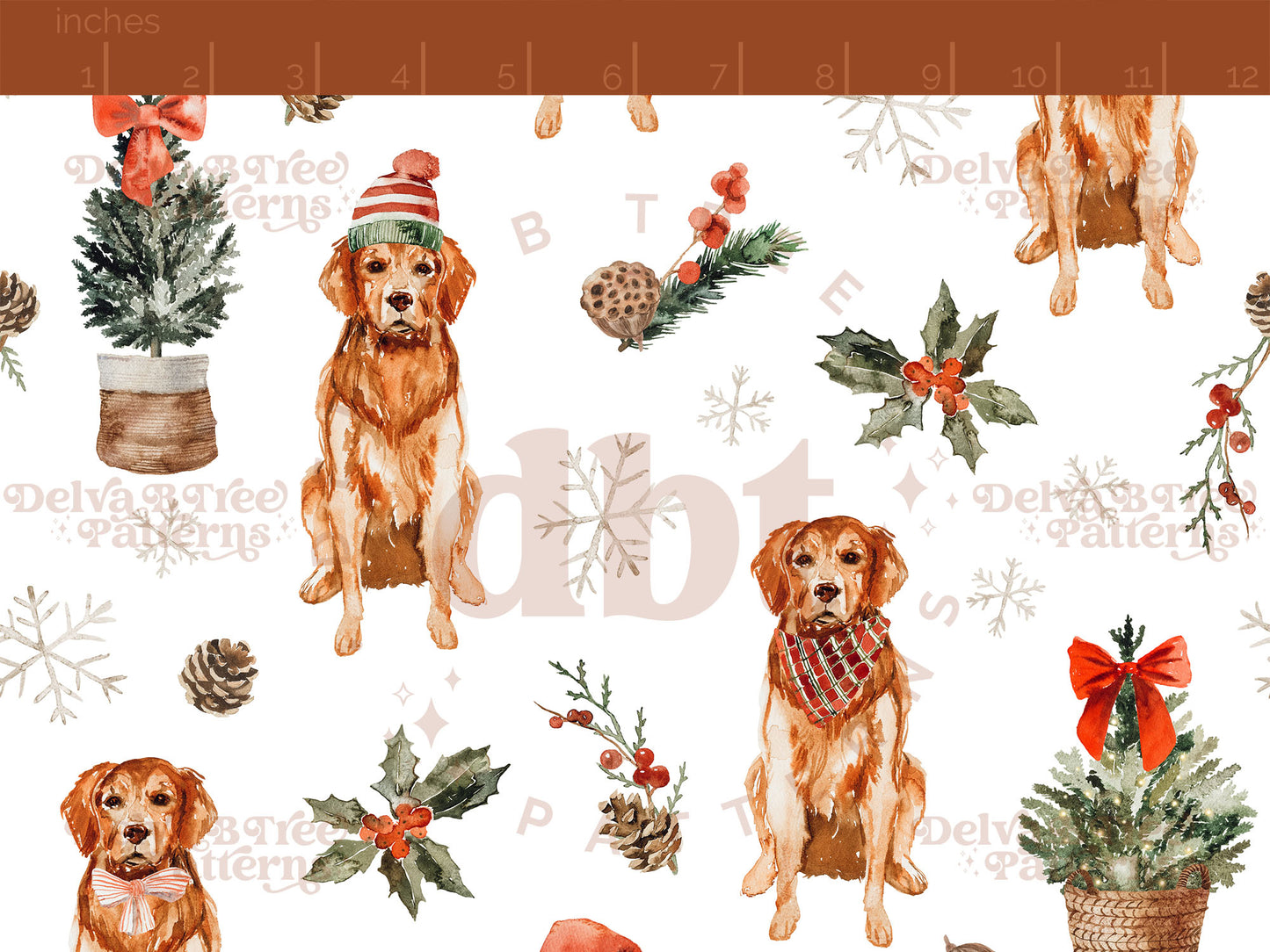 Watercolor Golden Retriever Christmas Dogs seamless pattern digital file for small shops that make handmade products in small batches.