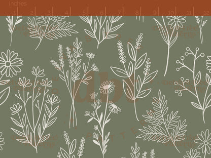 Off white botanical line art wildflowers and leaves on a camouflage green background seamless pattern scale digital file for small shops that make handmade products in small batches.