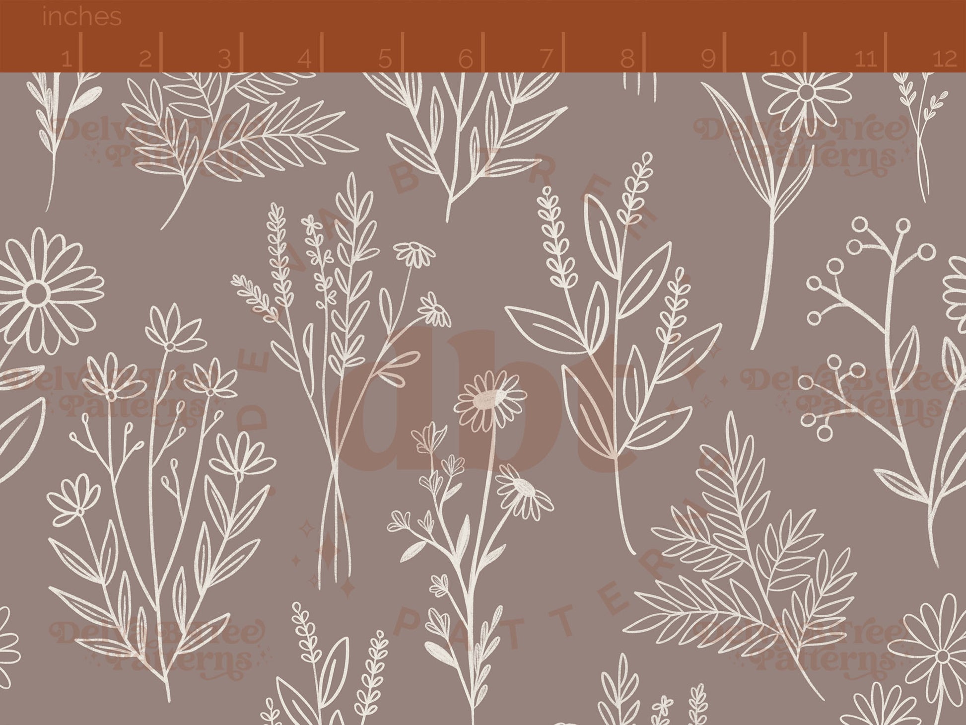 Off white botanical line art wildflowers and leaves on a taupe beige background seamless pattern scale digital file for small shops that make handmade products in small batches.