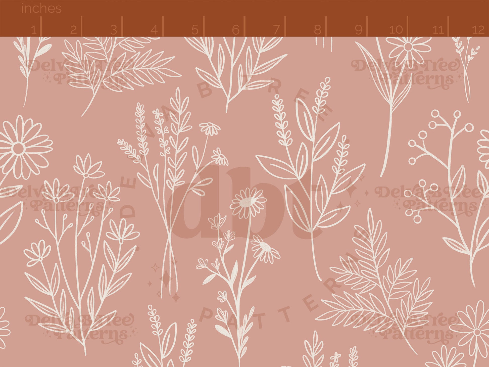 Off white botanical line art wildflowers and leaves on a dusty rose pink background seamless pattern scale digital file for small shops that make handmade products in small batches.