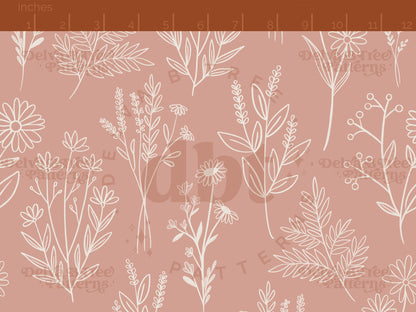 Off white botanical line art wildflowers and leaves on a dusty rose pink background seamless pattern scale digital file for small shops that make handmade products in small batches.