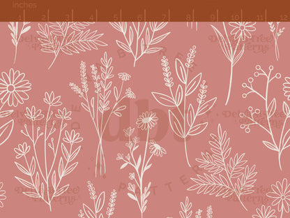 Off white botanical line art wildflowers and leaves on an old rose pink background seamless pattern scale digital file for small shops that make handmade products in small batches.