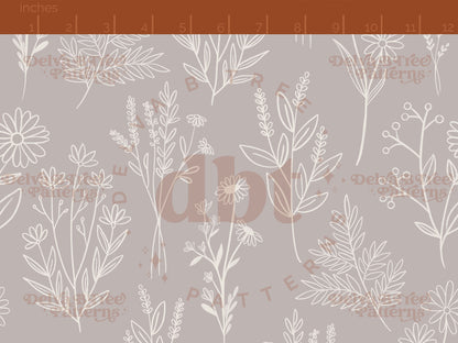 Off white botanical line art wildflowers and leaves on a gray background seamless pattern scale digital file for small shops that make handmade products in small batches.