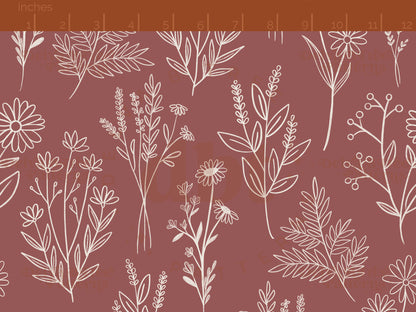 Off white botanical line art wildflowers and leaves on a rose taupe, faded burgundy background seamless pattern scale digital file for small shops that make handmade products in small batches.