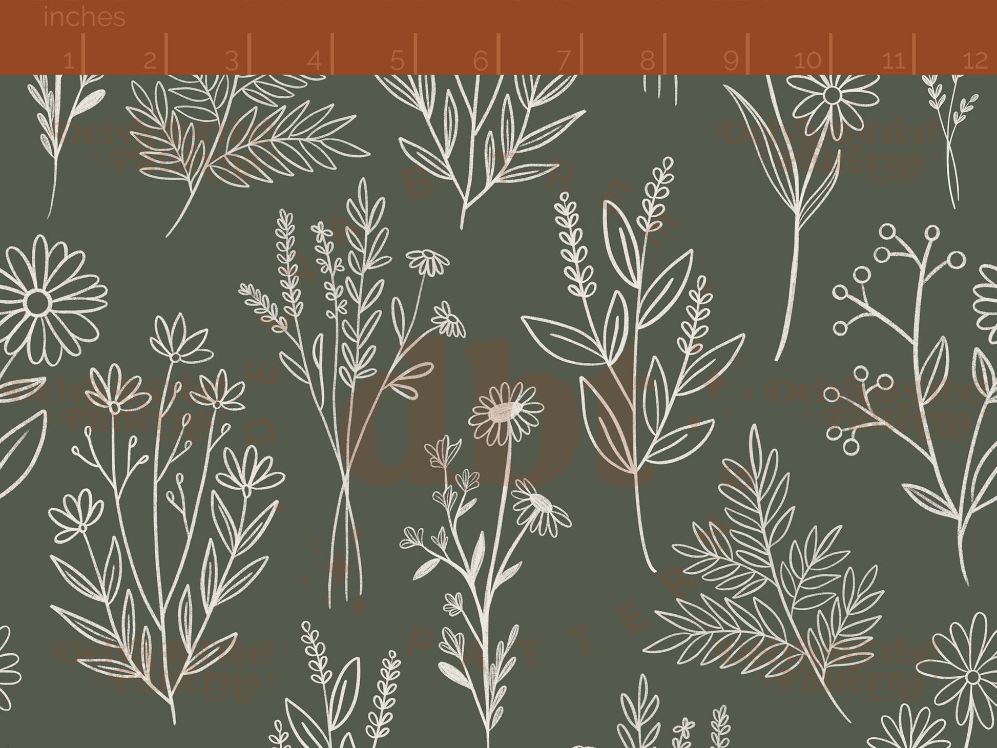 Off white botanical line art wildflowers and leaves on a thyme green background seamless pattern scale digital file for small shops that make handmade products in small batches.