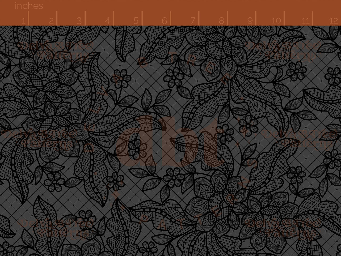 Black flowers, leaves and faux lace netting on a dark grey background seamless pattern scale digital file for small shops that make handmade products in small batches.