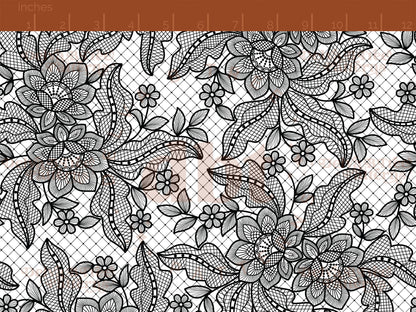Black flowers, leaves and faux lace netting on a white background seamless pattern scale digital file for small shops that make handmade products in small batches.