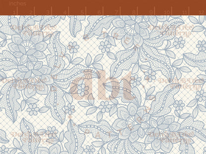Cadet Blue flowers, leaves and faux lace netting on an off white / ivory / cream background seamless pattern scale digital file for small shops that make handmade products in small batches.