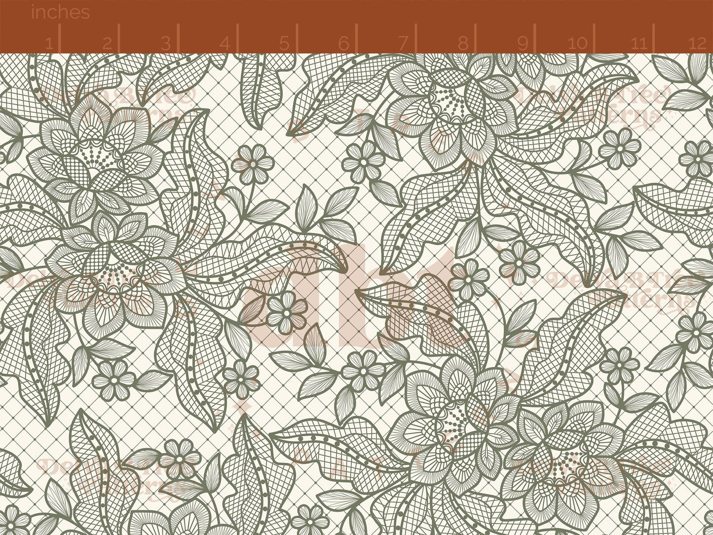 Camouflage Green flowers, leaves and faux lace netting on an off white / ivory / cream background seamless pattern scale digital file for small shops that make handmade products in small batches.