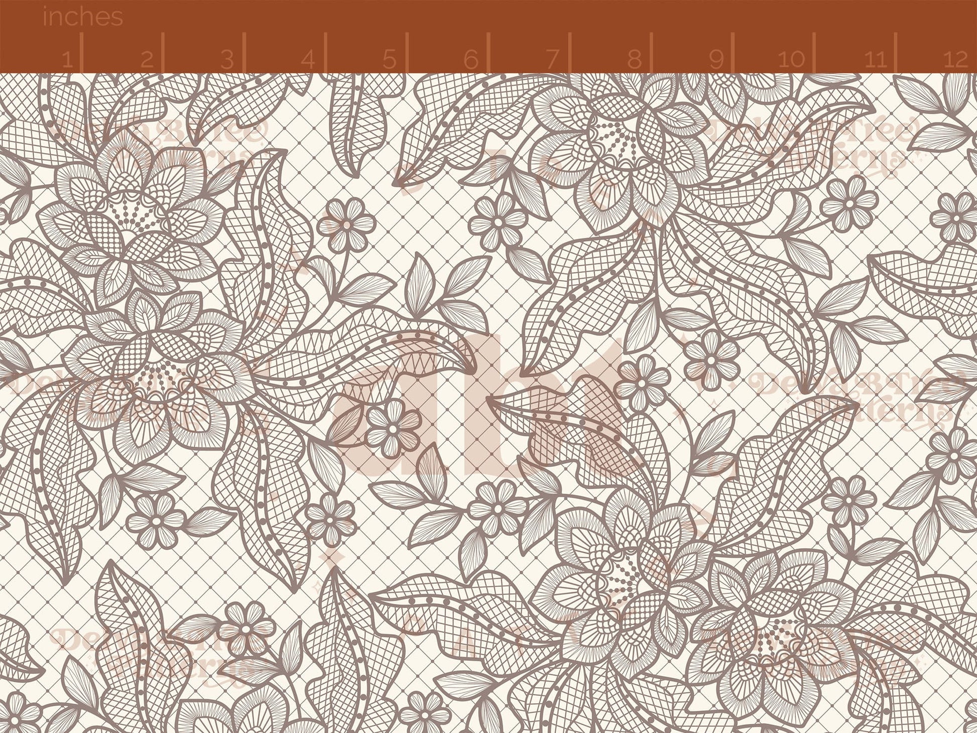 Taupe Cinereous flowers, leaves and faux lace netting on an off white / ivory / cream background seamless pattern scale digital file for small shops that make handmade products in small batches.