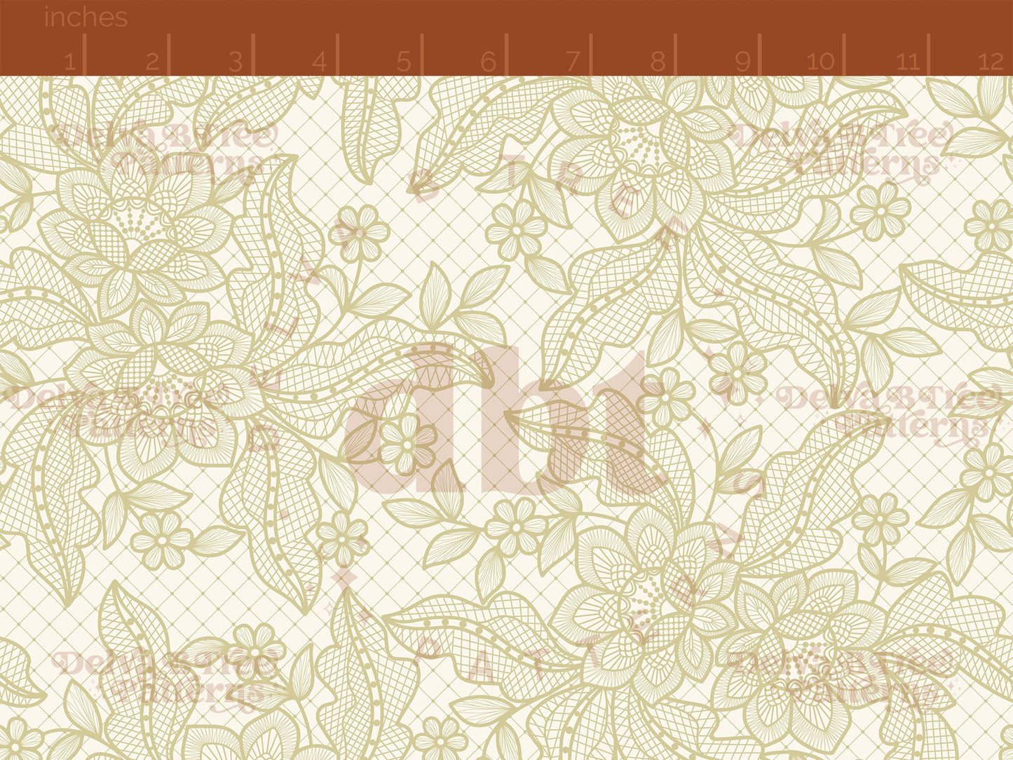 Dusty Yellow flowers, leaves and faux lace netting on an off white / ivory / cream background seamless pattern scale digital file for small shops that make handmade products in small batches.