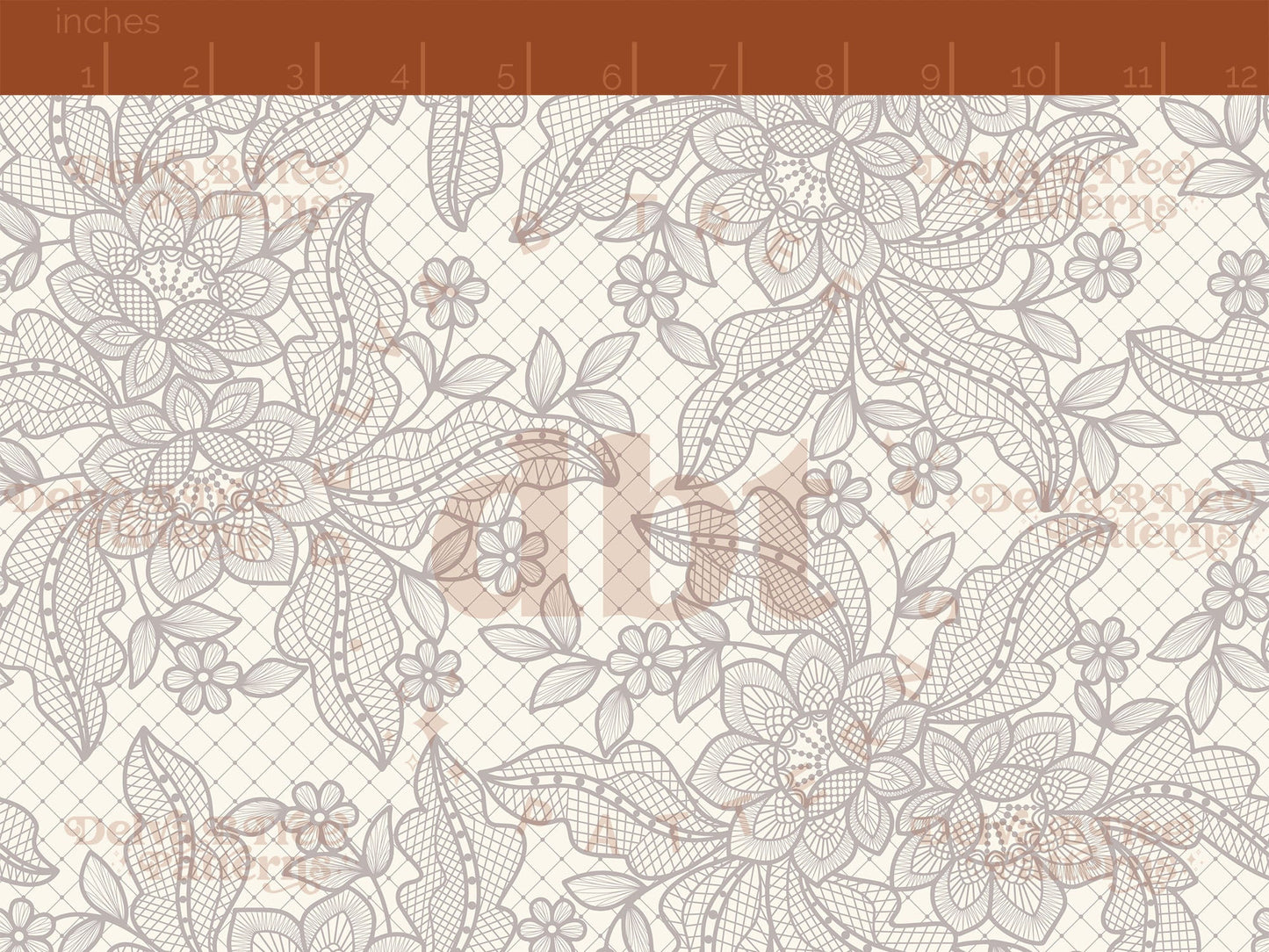 Pale Grey Umber flowers, leaves and faux lace netting on an off white / ivory / cream background seamless pattern scale digital file for small shops that make handmade products in small batches.