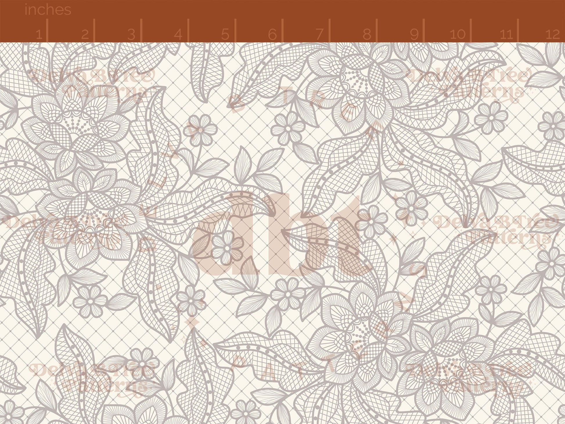 Pale Grey Umber flowers, leaves and faux lace netting on an off white / ivory / cream background seamless pattern scale digital file for small shops that make handmade products in small batches.