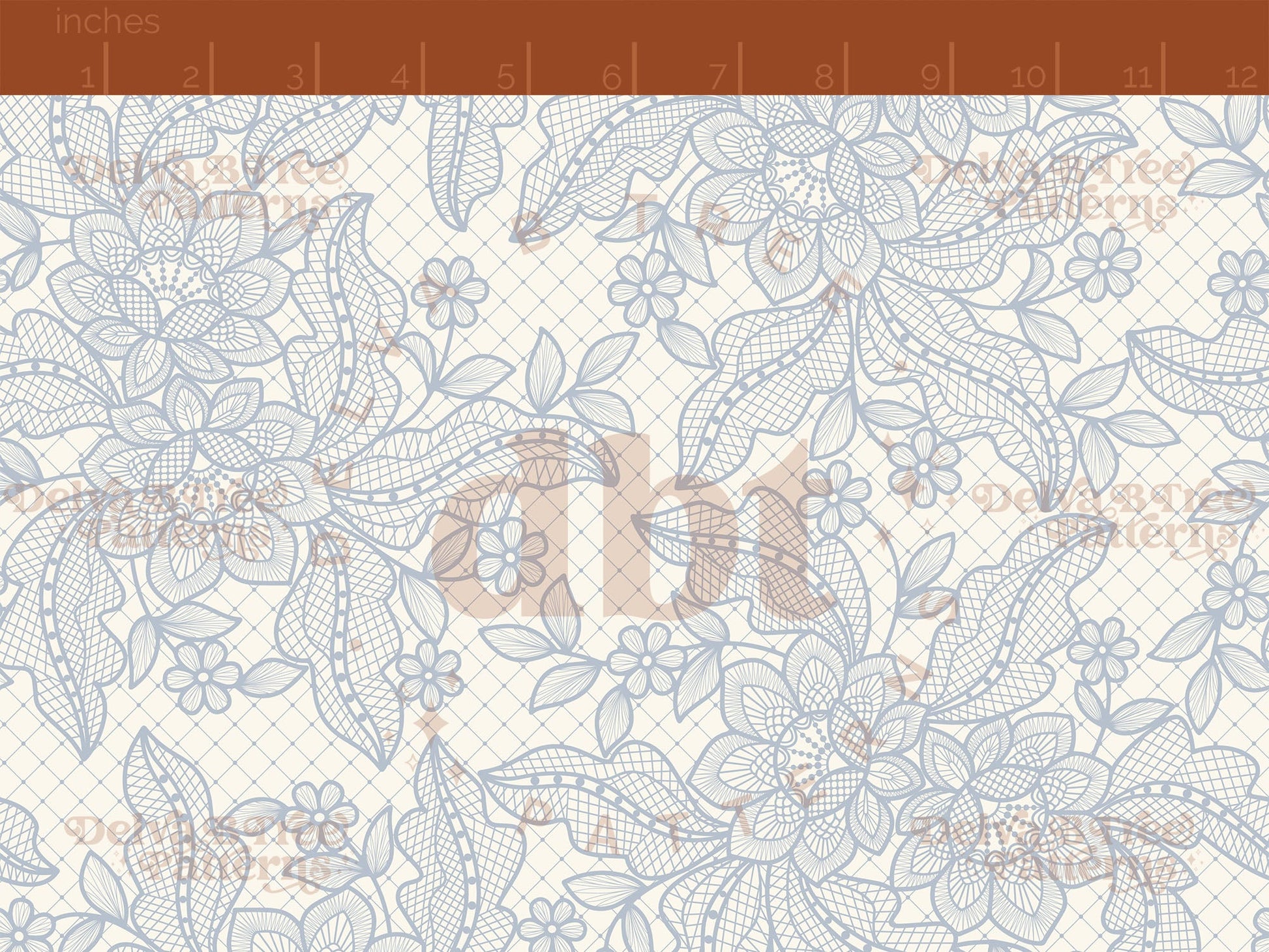 Pastel Blue flowers, leaves and faux lace netting on an off white / ivory / cream background seamless pattern scale digital file for small shops that make handmade products in small batches.